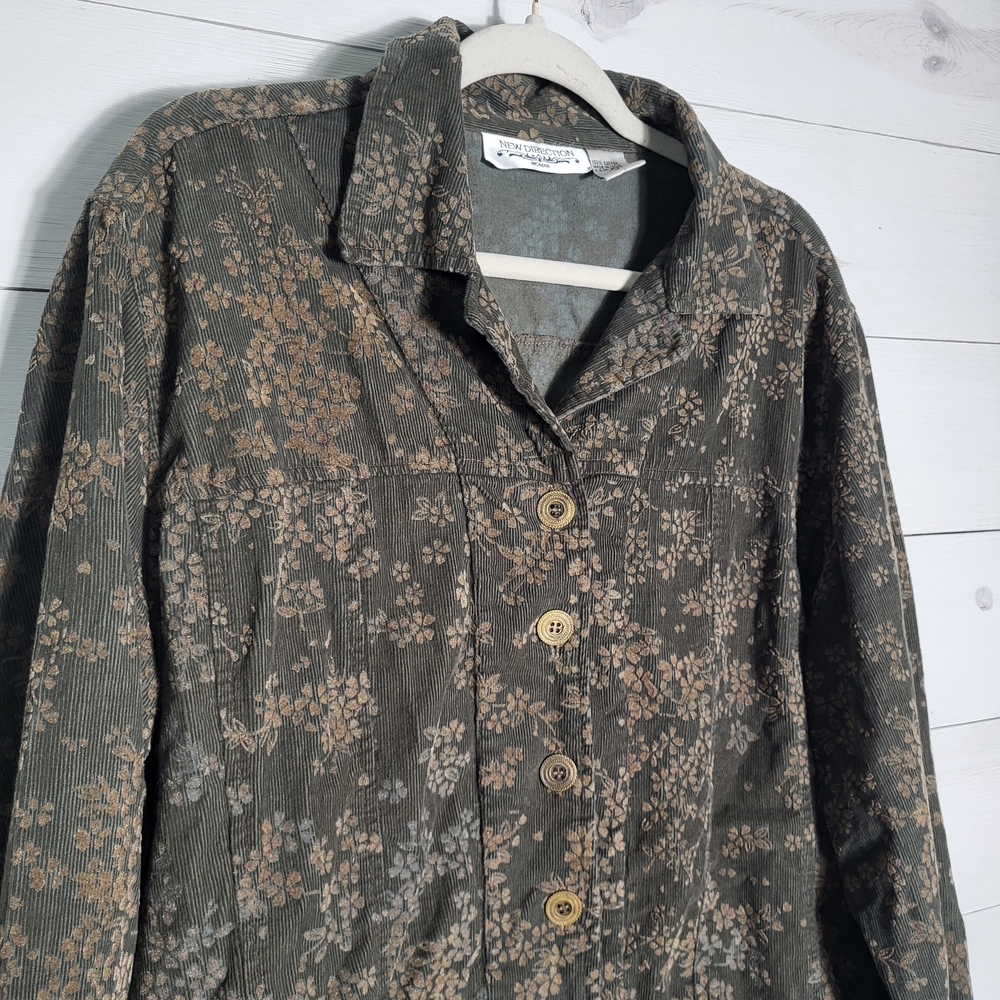 Vintage Corduroy Jacket Olive Green Ditsy Gold Floral Cotton Cottagecore BOHO